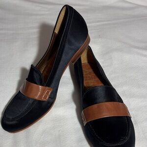 Sam Edelman Black Satin and Brown Leather Trim Flats